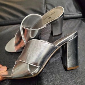 Silver metallic heels open toe mules